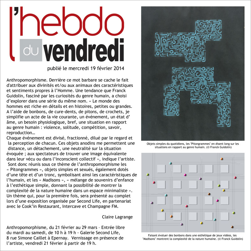 Article Hebdo du vendredi exposition à la Galerie Second life à Epernay