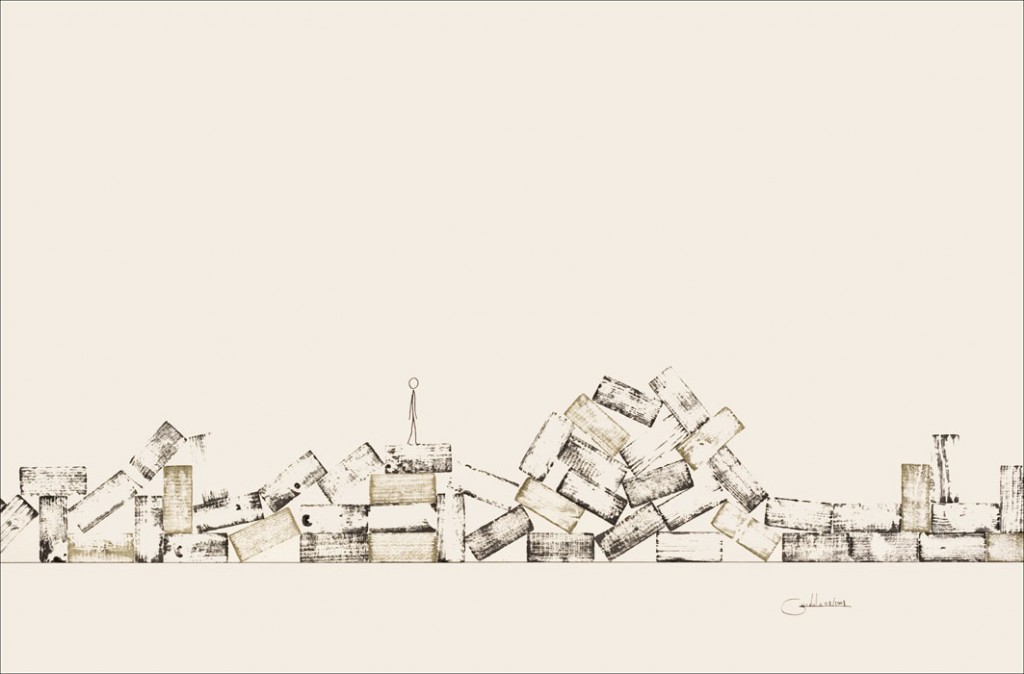 Enchevêtrement de morceaux d bois posées les uns sur les autres avec une silhouette les escaladant