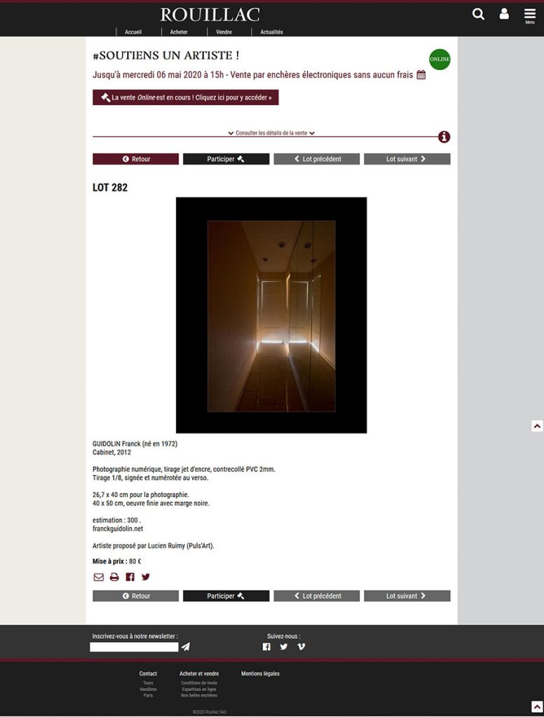 Capture d'écran de la page concernant la vente de ma photographie sur le site de Maître rouillac.