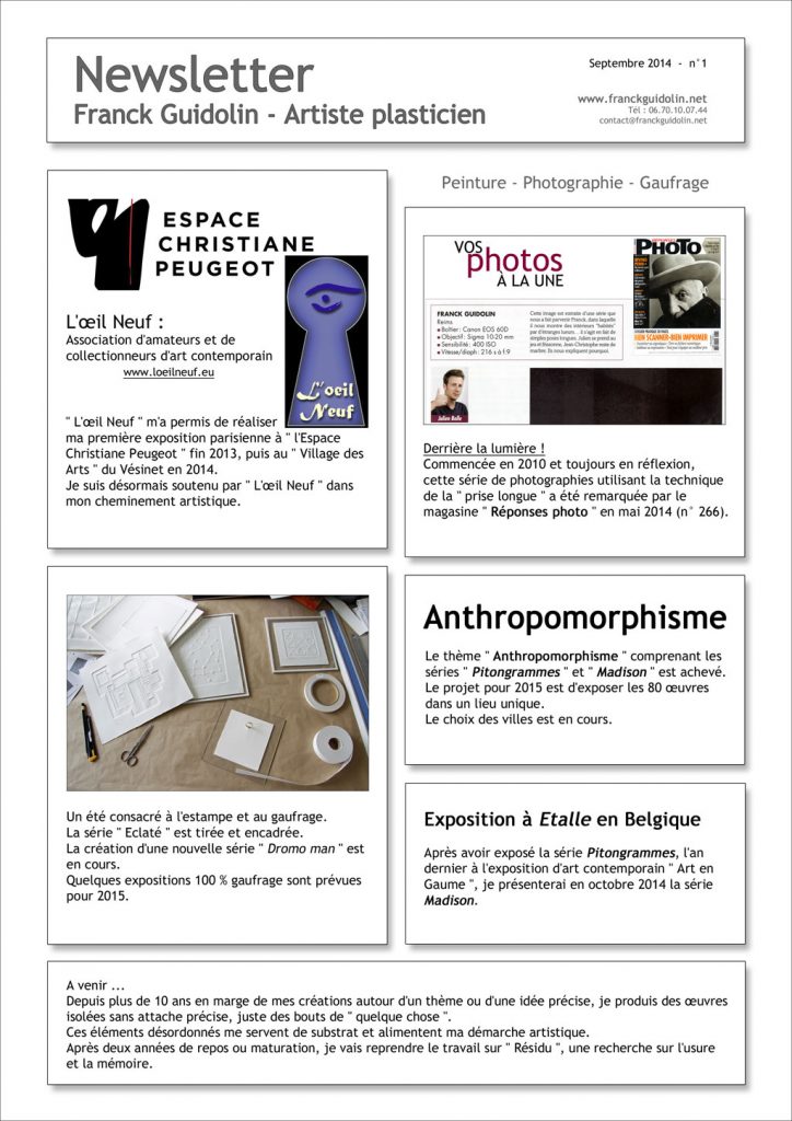 Newsletter sur les événement artistique de Franck Guidolin de l'année 2014