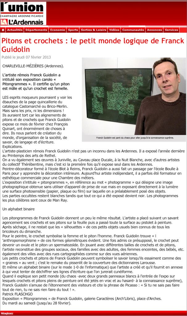 Article de presse de l'union Ardenne sur mon exposition à la Galerie Caractère de Charleville-Mézières