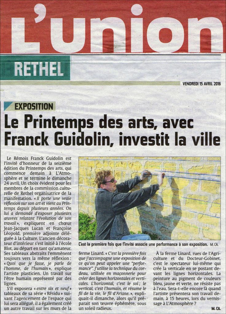 Article de presse dans L'Union des Ardennes concernant mon travail artistique des cordeaux