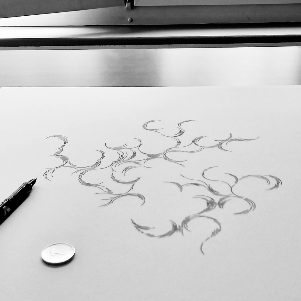Dessin Arabesques réalisé à l'encre sur papier Johannot. Travail complémentaires aux estampes numériques