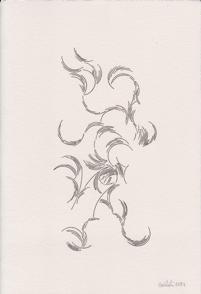 Dessin Arabesques réalisé à l'encre sur papier Johannot. Travail inspiré des estampes numériques